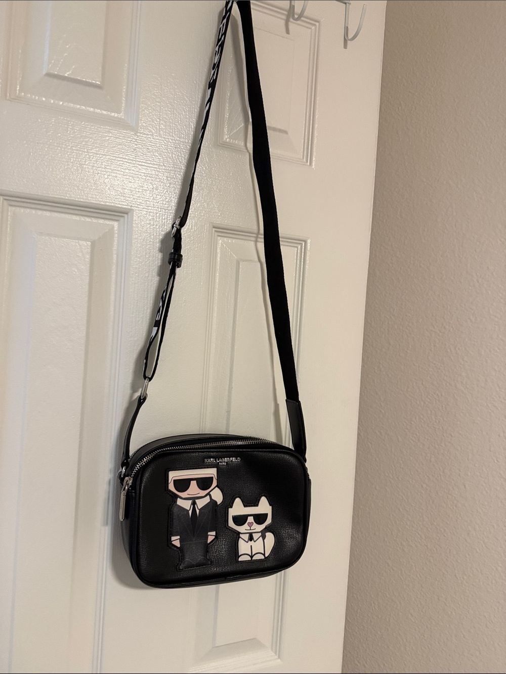 Karl Lagerfeld Black Leather Crossbody Bag with Character Appliqué
